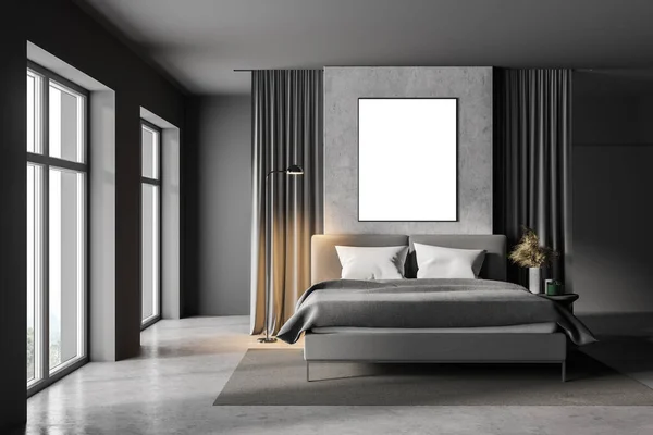 회색과 콘크리트 침실의 내부와 콘크리트 그리고 수직으로 사이즈 침대가 포스터를 — 스톡 사진