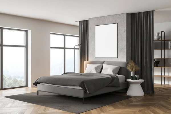Corner Modern Bedroom White Concrete Walls Wooden Floor Comfortable King — Stock fotografie