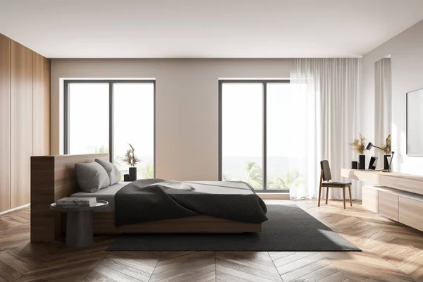 带有白色和木制墙壁 木制地板 舒适的国王尺寸床和灰色扶手椅的时髦主卧室侧视图 3D渲染 — 图库照片
