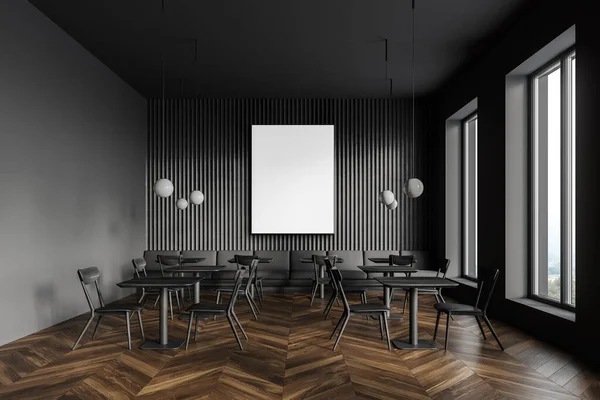 有灰色墙壁 木制地板 长长的灰色沙发和垂直造型海报的现代咖啡馆的内部 3D渲染 — 图库照片