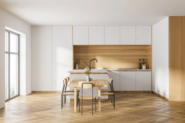 Interior Cozinha Elegante Com Paredes Brancas Piso Madeira Mesa Longa — Fotografia de Stock
