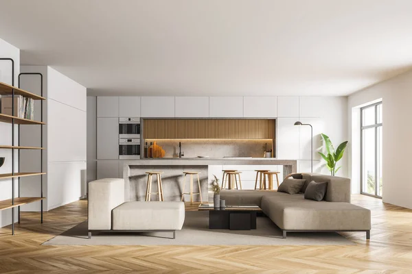 Interieur Eines Modernen Wohnzimmers Mit Weißen Wänden Holzboden Weißen Sofas — Stockfoto