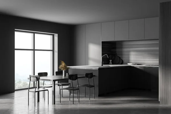 现代化厨房的角落 有灰色的墙壁 混凝土地面 长桌子和灰色的橱柜 山景朦胧的窗户 3D渲染 — 图库照片