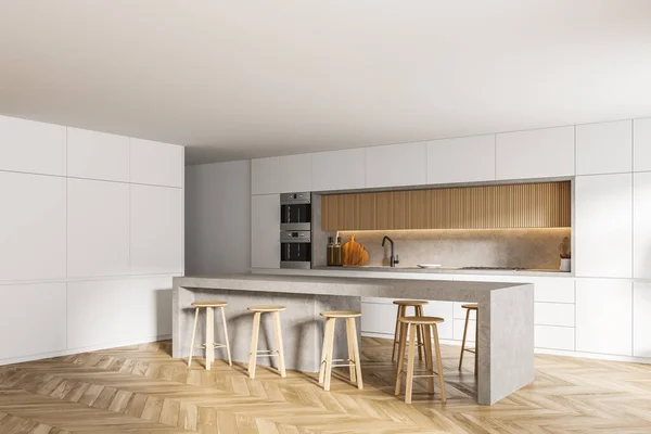 现代化厨房的拐角处 有白墙 木地板 吧台和两个烤箱 3D渲染 — 图库照片