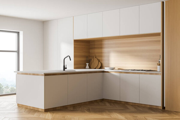 Corner of stylish kitchen with white and wooden walls, wooden floor and island with built in sink and cooker. 3d rendering