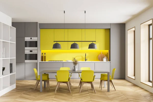 Interior Stylish Kitchen Gray Yellow Walls Wooden Floor Grey Yellow — Stock Photo, Image