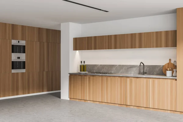 带有白色墙壁 混凝土地面和橱柜的现代厨房角落3D渲染 — 图库照片