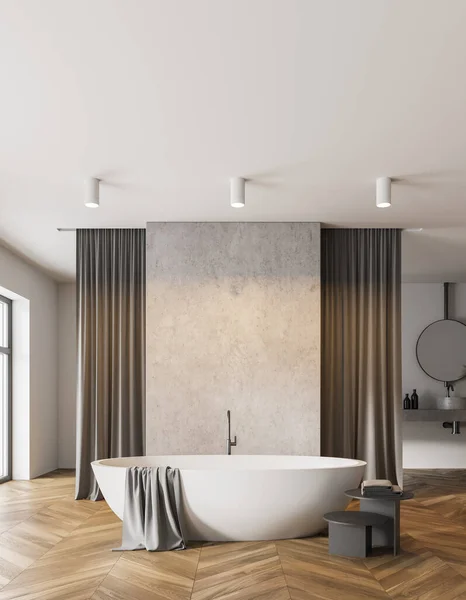Interior Elegante Cuarto Baño Con Paredes Blancas Hormigón Suelo Hormigón —  Fotos de Stock