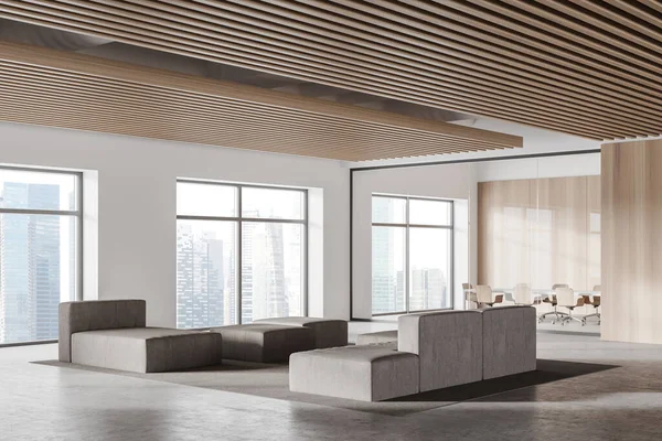 白と木製の壁 コンクリートの床 グレーのソファとフロントデスクとモダンなオフィス待合室のコーナー 奥の会議室 3Dレンダリング — ストック写真