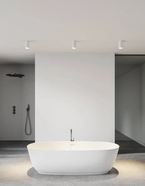 Interior Elegante Cuarto Baño Con Paredes Blancas Hormigón Suelo Hormigón — Foto de Stock