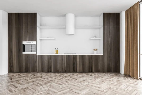 Holz Und Weiß Minimalistische Küche Der Nähe Des Fensters Mit — Stockfoto