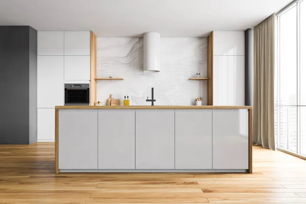 Ensemble Cuisine Minimaliste Bois Blanc Table Découpe Avec Robinet Près — Photo