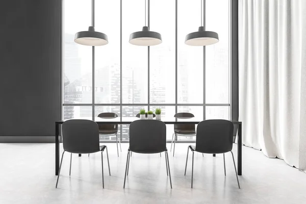 Black White Dining Room Black Table Six Chairs Black Lamps — Stock Photo, Image