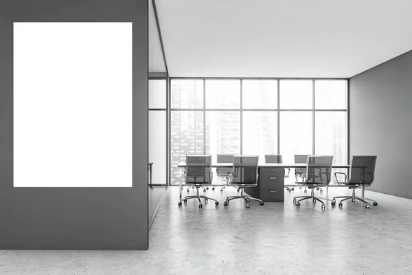 Mockup Copy Space Grey Conference Room Black Armchairs Table Window — Stock Photo, Image