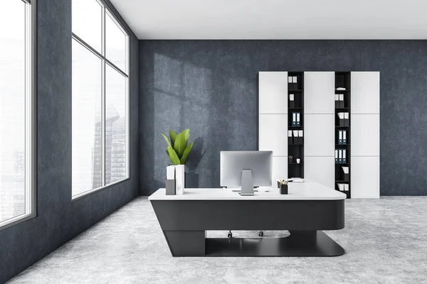 Grey business office, black and white table with computer and shelf. Business dark grey, marble minimalist consulting room with large window, 3D rendering no people