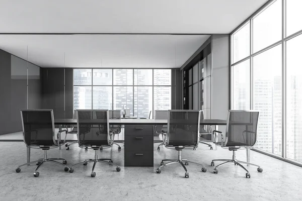 Grey Conference Room Black Armchairs Black Table Window City View — Stock Photo, Image