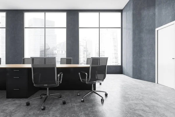 Grey Marble Conference Room Black Armchairs Wooden Table Windows City — Stock Photo, Image