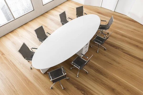 Top View White Wooden Conference Room Black Armchairs White Oval — Stock Photo, Image