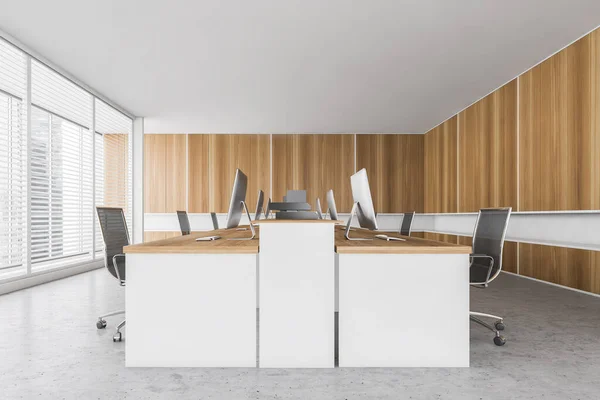 Wooden office room with black chairs, computers on wooden tables in row, modern minimalist business office manager room. Office furniture on marble floor, 3D rendering no people