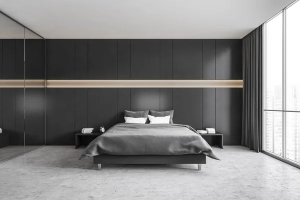 Dormitorio Negro Gris Cama Negra Con Almohadas Ropa Cama Minimalista — Foto de Stock