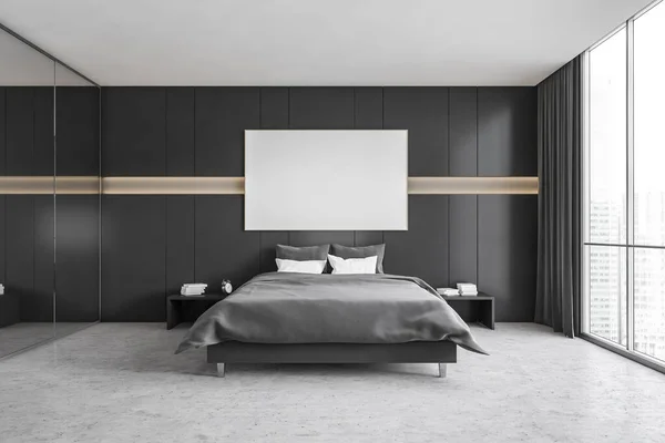 Leinwandattrappe Schwarz Grauen Schlafzimmer Schwarzes Bett Mit Kissen Und Bettwäsche — Stockfoto