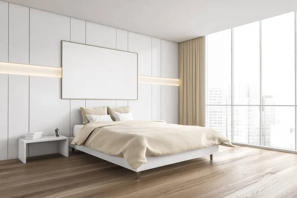 Cadre Toile Mockup Dans Chambre Beige Bois Lit Blanc Avec — Photo