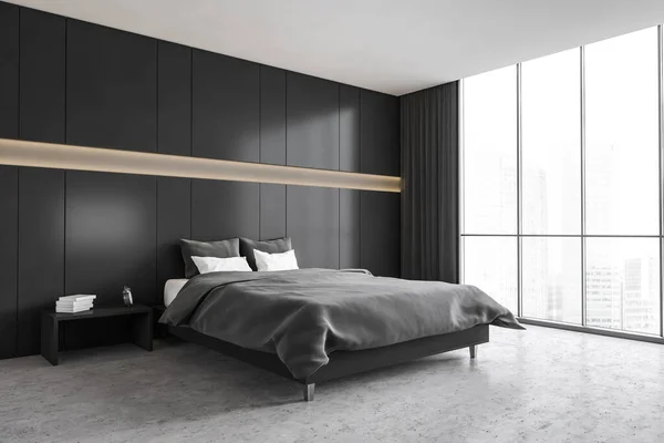 Siyah Gri Yatak Odası Yastıklı Çarşaflı Siyah Yatak Yan Görüş — Stok fotoğraf