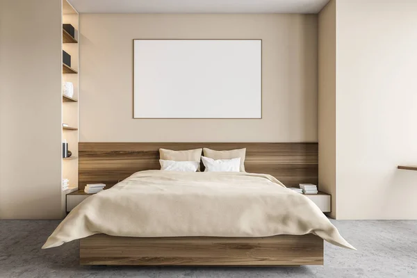 Mockup Marco Lona Beige Dormitorio Madera Cama Madera Con Almohadas — Foto de Stock