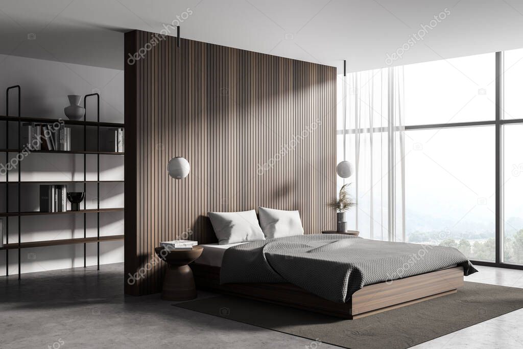 Corner of master bedroom with wooden walls, concrete floor, comfortable king size bed and bookcase in the background. 3d rendering