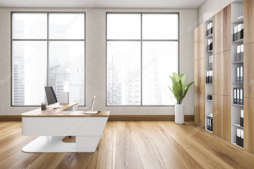 Wooden white business office, table with computer and shelf. Business wooden minimalist consulting room with large window, 3D rendering no people