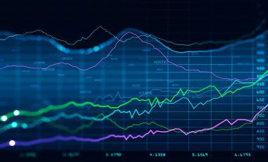 Parlak Cyan sayıları ile gelecekteki finansal grafik arayüzü. Borsa ve fintech konsepti. 3d rengarenk resim çift pozlama