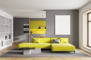 Gri duvarları, ahşap zemini, parlak sarı kanepesi ve arka planda mutfağı olan modern oturma odasının içi. Dikey maket posteri. 3d oluşturma
