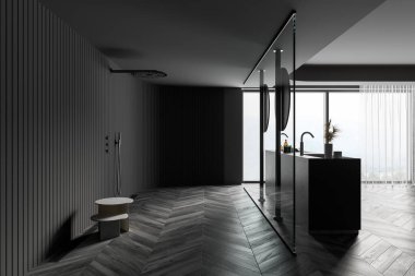Modern banyo, beyaz duvarlar, beton zemin ve çift lavabo ve yuvarlak aynalar. Bulanık dağ manzarası. 3d oluşturma