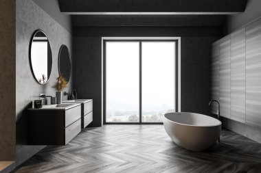 Modern banyo, gri ve ahşap duvarlar, ahşap zemin, çift lavabo, yuvarlak aynalar, küvet ve duş kabini. 3d oluşturma