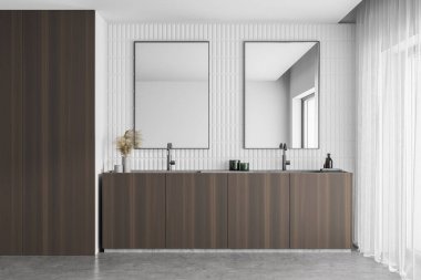 Beyaz ve ahşap duvarlı modern banyo, beton zemin ve çekici aynalı çift lavabo. 3d oluşturma