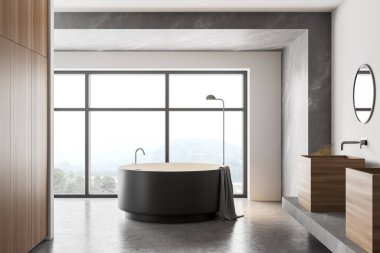 Lüks banyo, beyaz ve mermer duvarlar, yuvarlak küvet ve ayna ile kare lavabo. 3d oluşturma