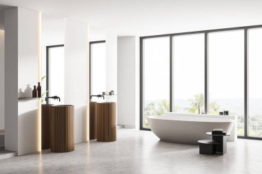 Panoramik penceresi, beyaz duvarları, beton zemini, iki lavabosu ve küveti olan lüks bir banyonun köşesi. 3d oluşturma