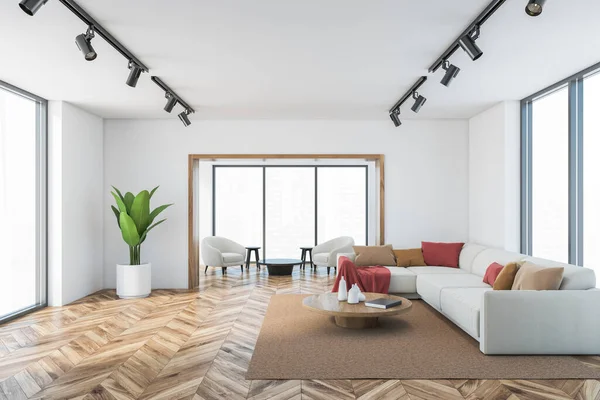 Sala Estar Branca Com Sofá Canto Mobiliário Piso Parquet Carpete — Fotografia de Stock
