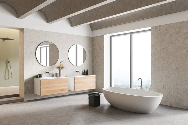 Stilvolles Badezimmer Mit Weißen Und Hölzernen Wänden Betonboden Doppelwaschbecken Mit — Stockfoto