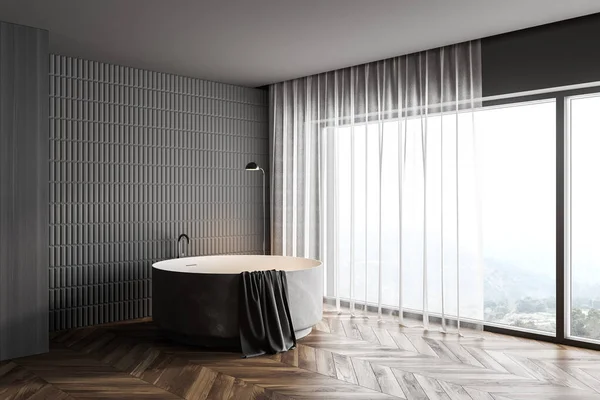 グレーと木製の壁 木製の床と快適なラウンドバスタブ付きのスタイリッシュなバスルームのコーナー 3Dレンダリング — ストック写真