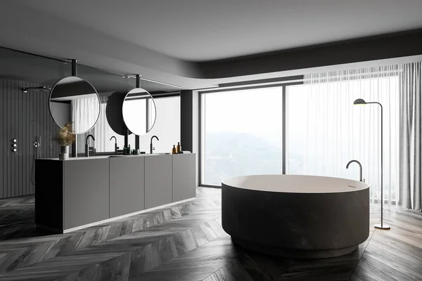 Interior Baño Moderno Con Paredes Grises Suelo Madera Oscura Doble — Foto de Stock