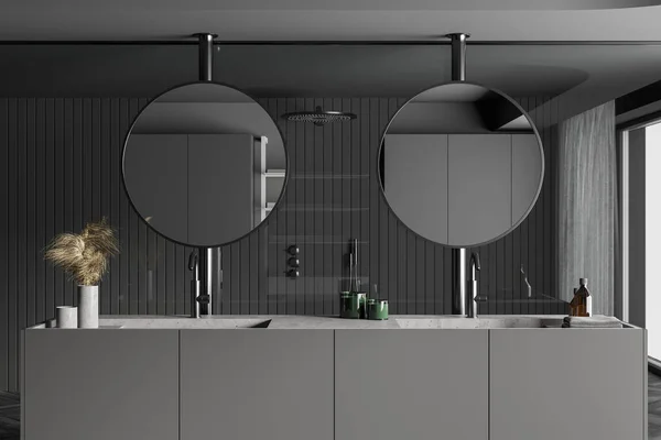 Interieur Van Moderne Badkamer Met Grijze Muren Dubbele Wastafel Met — Stockfoto