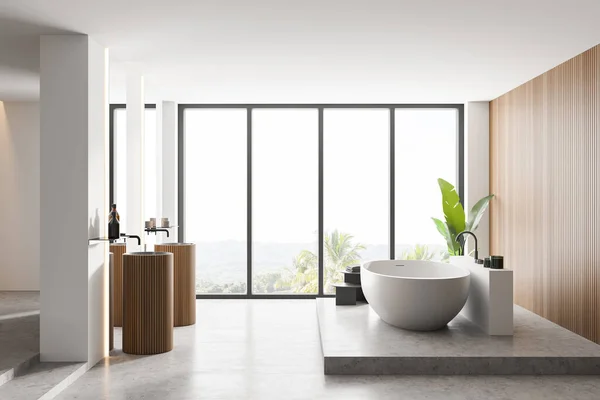 Interior Panoramic Bathroom Wooden White Walls Comfortable Bathtub Two Sinks — Stock Photo, Image