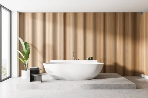 Interior Panoramic Bathroom Wooden White Walls Comfortable Bathtub Window Blurry — Stock Photo, Image