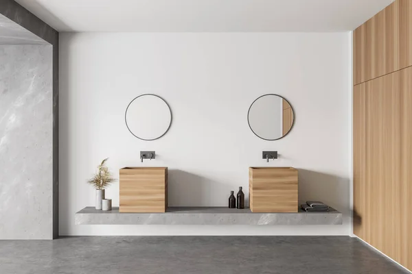 白と大理石の壁と鏡と2つの正方形のシンクを持つ豪華なバスルームのインテリア 3Dレンダリング — ストック写真