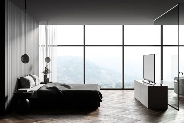 暗い木製の壁 木製の床 快適なキングサイズベッドと山の景色を望むパノラマウィンドウの近くに設定されたテレビ付きのマスターベッドルームのインテリア 3Dレンダリング — ストック写真