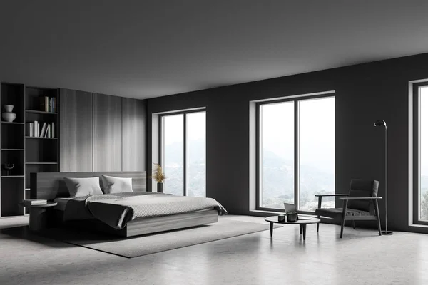 Hoek Van Moderne Master Bedroom Met Grijze Houten Muren Betonnen — Stockfoto