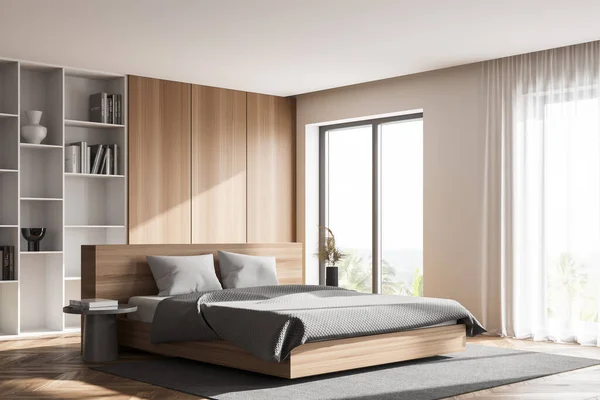 Ecke Des Stilvollen Hauptschlafzimmers Mit Weißen Und Hölzernen Wänden Holzboden — Stockfoto