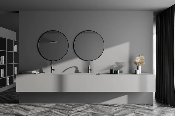 Interior Stylish Bathroom Gray Walls Dark Wooden Floor Double Sink — Stock Photo, Image