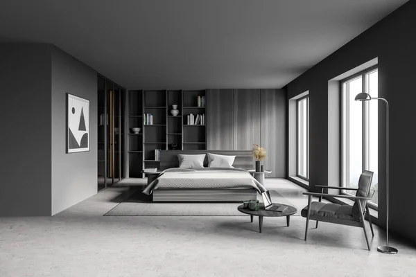 회색과 콘크리트 크기의 안락의자가 현대식 마스터 침실의 렌더링 — 스톡 사진